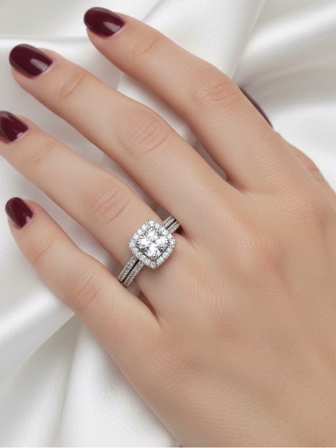 Sterling Silver Cushion Cut Wedding Set